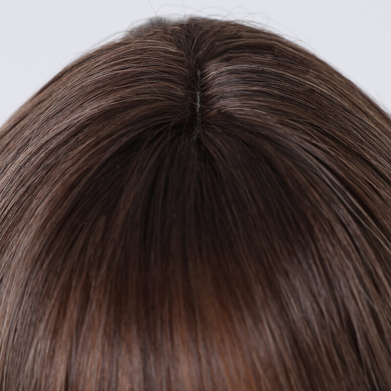LOUIS FERRE Wig sintetis bergelombang panjang Medium dengan poni Ombre coklat pirang alami Wig rambut gelombang untuk penggunaan sehari-hari wanita Wig serat