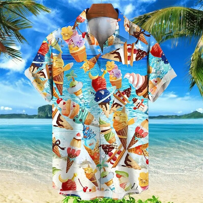 남성용 하와이안 셔츠, 아이스크림 프린트 셔츠, 스페인 반팔 탑, 여름 스트리트웨어, 트렌디 비치 파티, 사교 의류