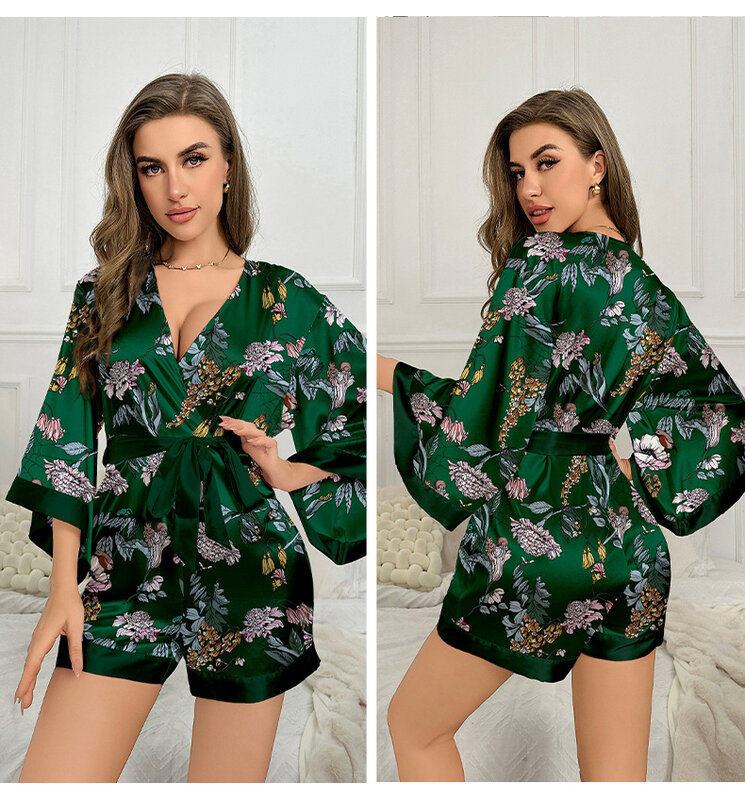 Pijama corto de satén para mujer, traje con estampado de flores, ropa de dormir holgada e informal para el hogar, primavera y verano