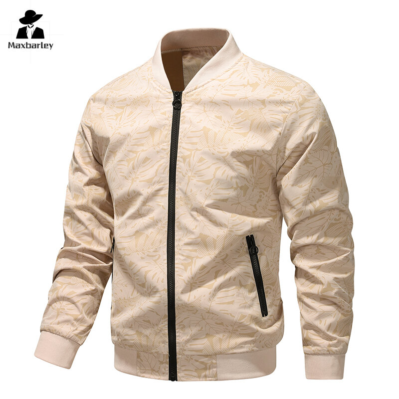 남성용 캐주얼 야구 재킷, 하이 퀄리티 지퍼, 단풍잎 프린트, 방풍 칼라 재킷, 사냥 루즈 에비에이터 코트, 2024 가을