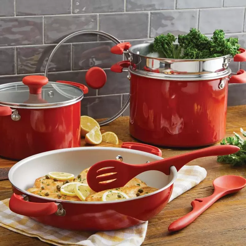 Rachael Ray Create Delicious Aluminum Nonstick Covered Deep Frying Pan, 9.5-Inch, Red Shimmer