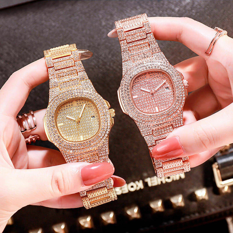 Iced Out Uhr Mit Armreif für Frauen Bling Miami Armband Hip Hop Luxus Uhren Diamant Damen Gold Uhr Set Schmuck
