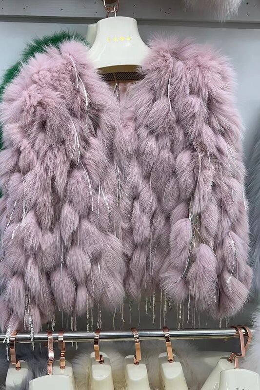 女性のための前髪のある本物のキツネの毛皮のジャケット,マルチカラーのショートコート,耐性のあるスパンコール,秋冬の毛皮のコート