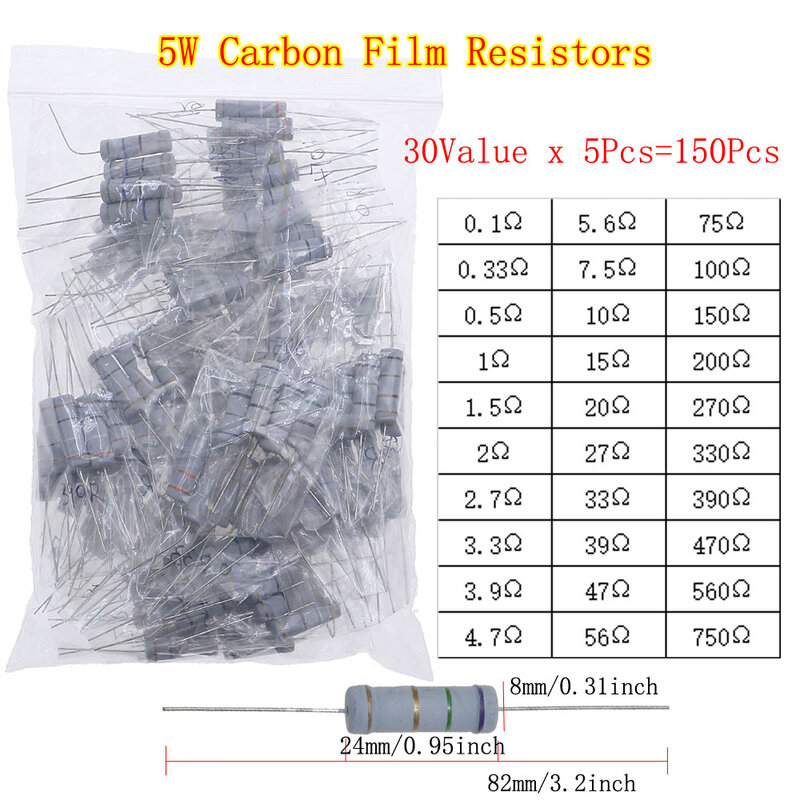 Kit de sortimento de resistores de filme de carbono, componentes eletrônicos, 1/8W, 1/4W, 1/2W, 1W, 2W, 3W, 5W, 5%