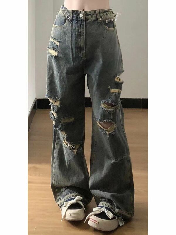 Jeans rasgado vintage feminino, estilo coreano, calça jeans grande, estilo hip-hop, calça retrô americana de rua alta, calça folgada feminina
