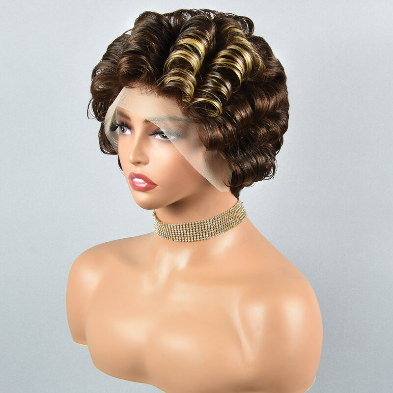 Pelucas frontales de encaje con corte Pixie HD, pelucas de cabello humano transparente, 12a, Remy, resaltado, 13x4