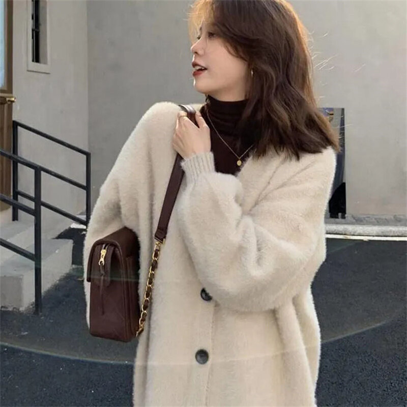Korean Fashion Solid Color Imitation Mink Fur Coats For Women Autumn Winter V-neck Knitted Cardigan Streetwear All-match Jackets