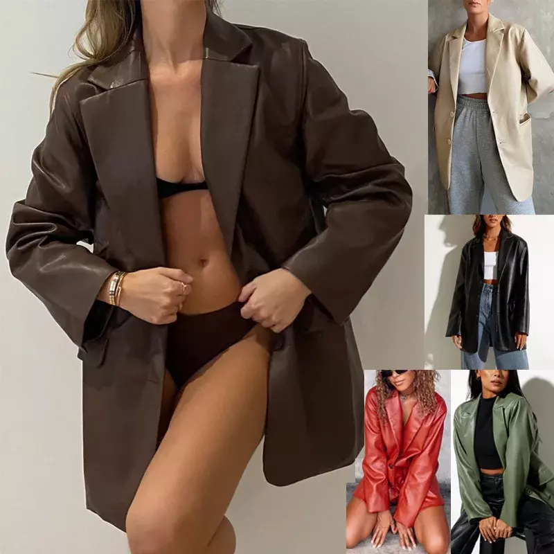 Wepbel Y2K-chaqueta de cuero de manga larga para mujer, abrigo cálido de PU, Color sólido, holgado, a la moda