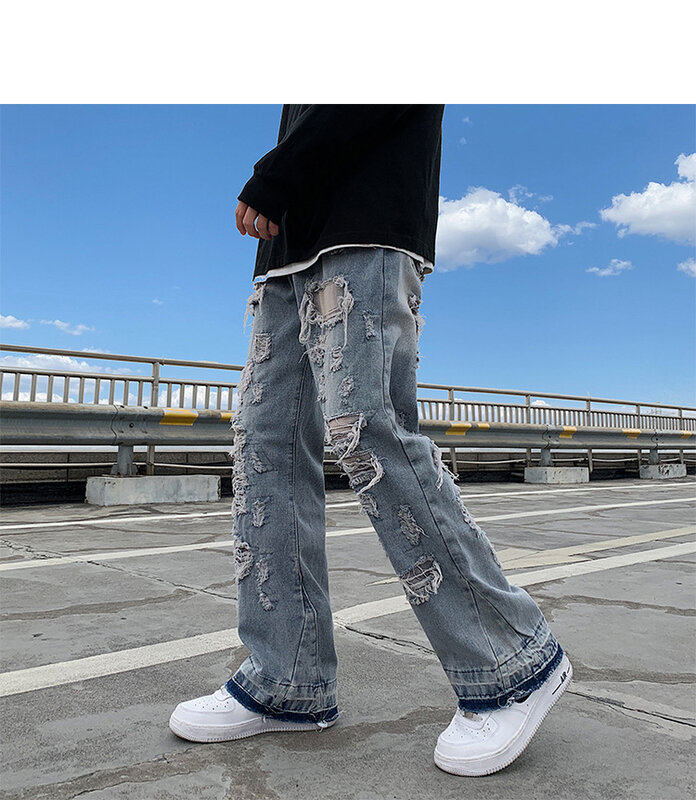 Wiosenne letnie dopasowane jeansy rurki męskie Streetwear w stylu koreańskim w trudnej sytuacji Denim Slim Homme spodnie hip-hopowe dżinsy z dziurami