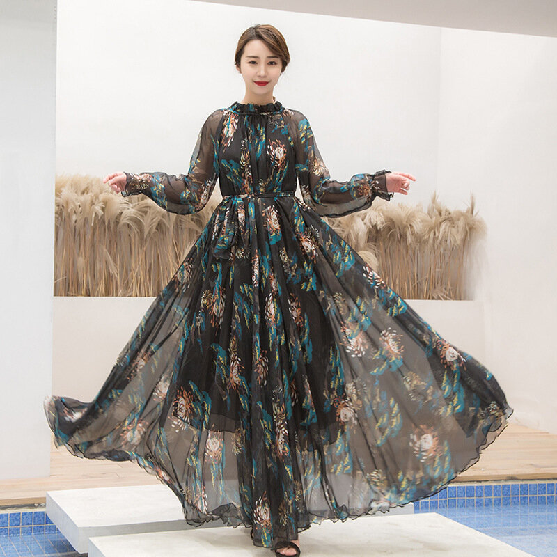 2024 Spring/Summer New Slimming Chiffon Long Sleeved Dress with Luxury Print 8 Meter Large Swing Skirt Vacation Style Beach