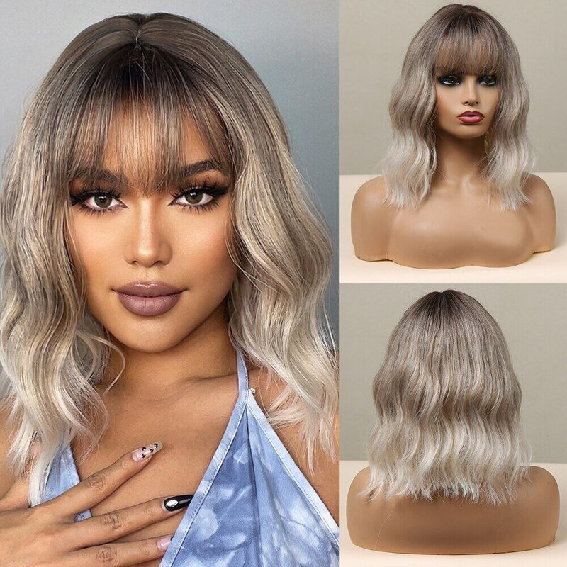 Short Wavy Synthetic  with Bangs Natural Pink Bob Wig for Black Women Lolita