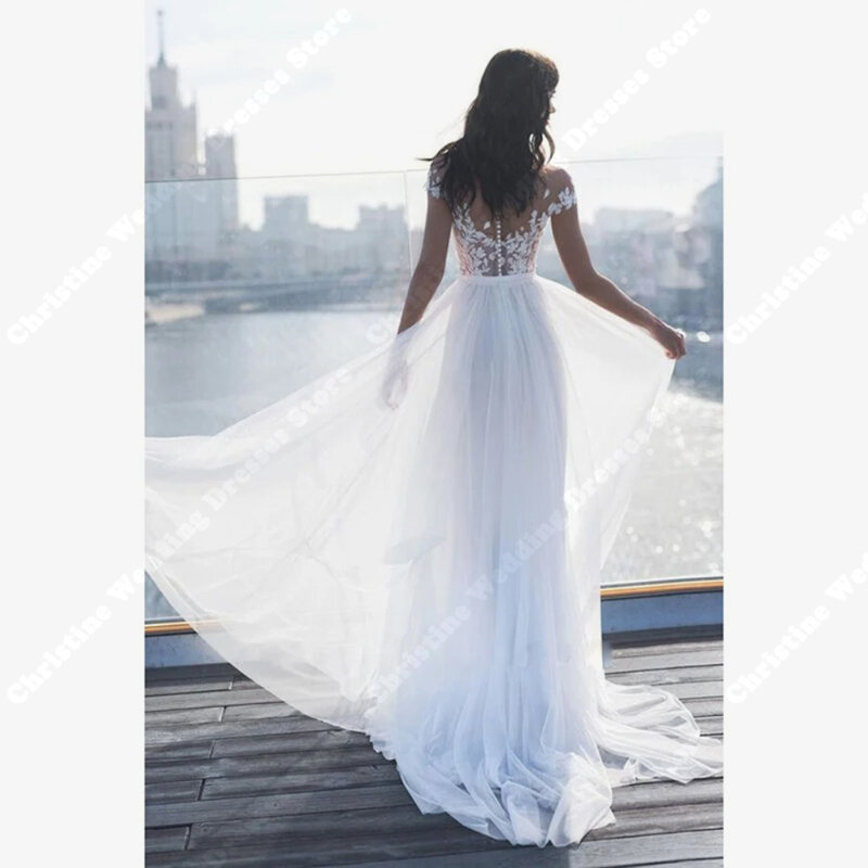Gaun pernikahan putih murni elegan gaun pengantin panjang mengepel bahu terbuka gaun pengantin belahan samping applique renda Modern baru