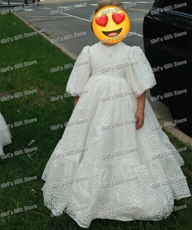 Puffy Bulb Sleeve Flower Girl Vestidos Para Casamento De Cintura Alta Pricness Girl Dresses Primeira Comunhão Kids Gown Vestidos De Novia