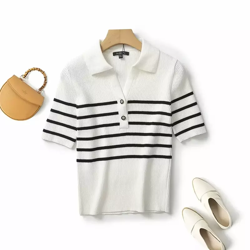 Women's Autumn 2023 New Fashion Slim Striped Knit Sweater Retro Exquisite Buttons Polo Collar Short Sleeve Chic Top.