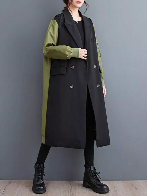 Setelan jas panjang, Blazer kerah tinggi warna cocok, mantel Trench trendi modis lengan lentera sambungan K960
