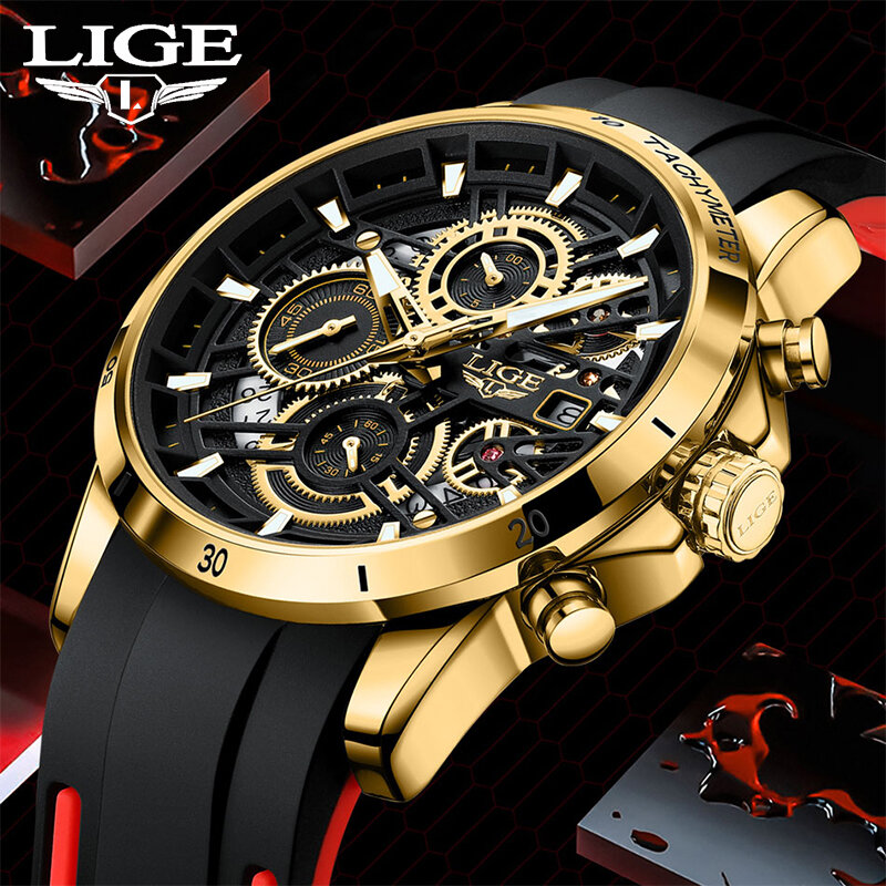 Часы наручные LIGE Мужские кварцевые с хронографом, роскошные спортивные водонепроницаемые большие креативные, в стиле милитари, силикон