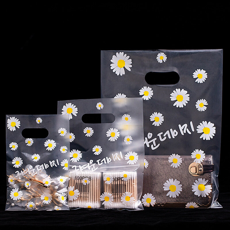 Pequeno saco de plástico transparente para jóias, pequeno saco de margarida, muito mini padrão misto, brincos, presente, bolsa de compras, 25 pcs/lot