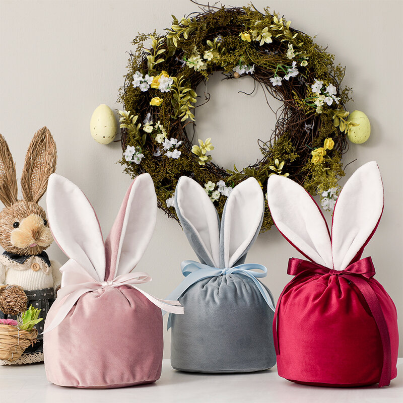 Sacchetto di coniglietto pasquale regalo di velluto orecchie di coniglio accessori Plash Sugar Wedding Candy Box Cute Decor borsa con coulisse di colore misto