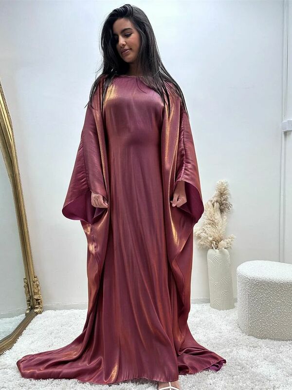 Ramadan Eid Satin Fledermaus Schmetterling Abaya Dubai Luxus muslimischen Maxi Kaftan Kleid Abayas für Frauen Kebaya Robe Femme Vestidos
