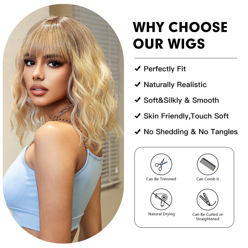 ALAN EATON Ombre Blonde Curly Hair Short Wigs with Bangs Synthetic Highlight Wigs Mixed Blonde Bob Wave Wig Heat Resistant Fiber