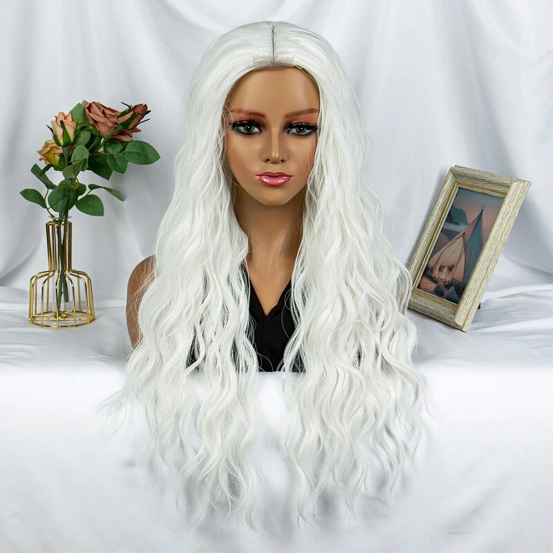 Peruca sintética ondulada longa para mulheres, perucas de cabelo ondulado, peruca encaracolada regular, branca, fantasia, festa de carnaval