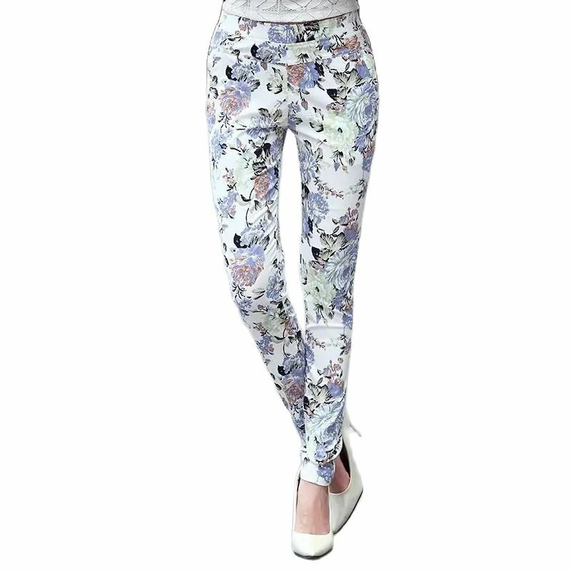 Celana panjang kasual elastis wanita motif Floral, celana panjang motif bunga pensil kaki ramping Musim Panas 2024