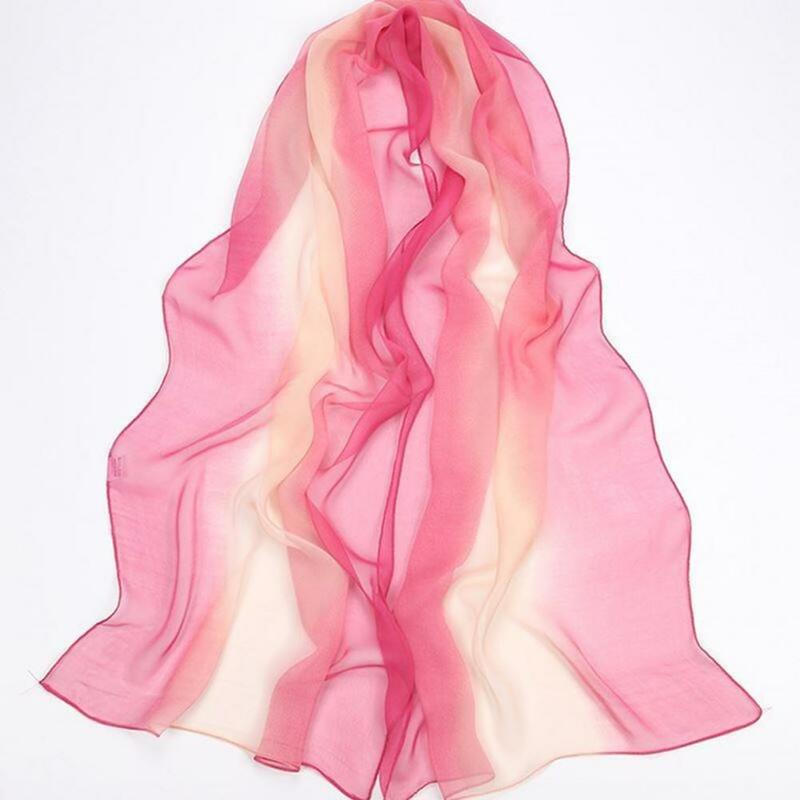 Elegante cachecol de seda feminino, cor gradiente, protetor solar, ultrafino, transparente, cachecol de chiffon retangular, xale longo, acessórios de fantasia