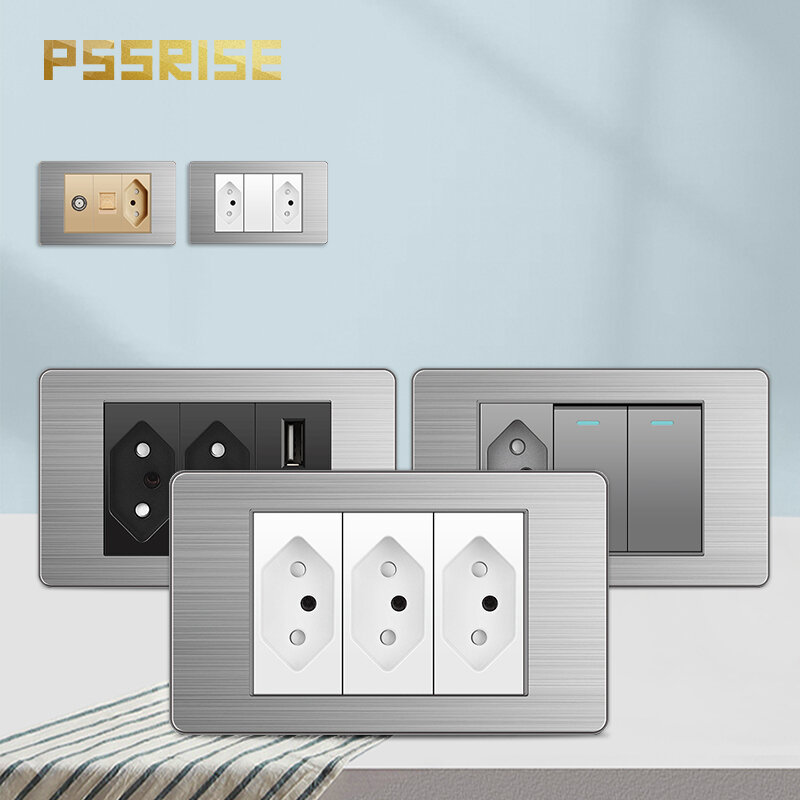 PSSRISE-5V 2.1A USB c 타입 충전기 포함 브라질 벽 스위치 소켓, 스테인레스 스틸 패널 조명 스위치, TV 컴퓨터 전원 콘센트