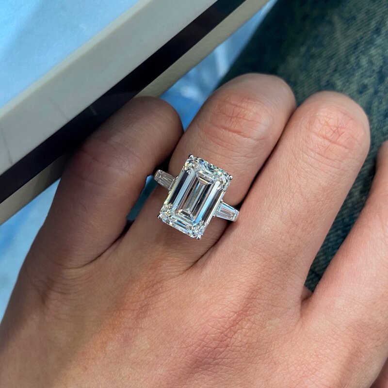 AJ2024-anillo de diamantes de laboratorio, forma de Esmeralda, 10CT, Color E, VS2, G18K, oro blanco, joyas de diamantes de laboratorio