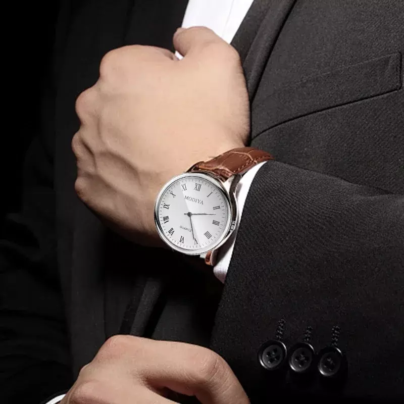 Jam tangan bisnis pria dan wanita, arloji Analog tali kulit Quartz sederhana kasual