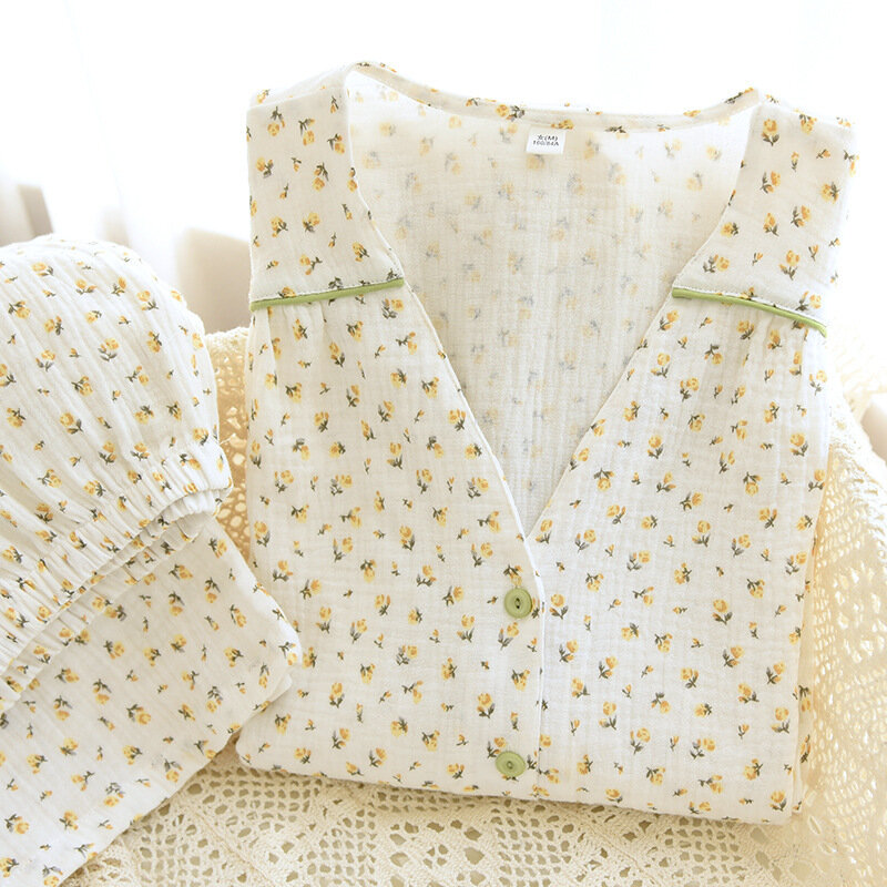 Pijama com estampa de algodão feminino, manga comprida, loungewear, roupa noturna, roupa, outono, 2 peças