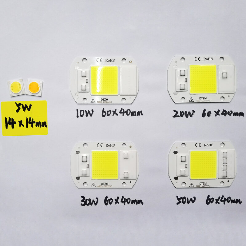 LEDCOB 고출력 LED 전구, 5W 칩 50W, 220V 10W 20W 30W 전구 램프, 220V LED 매트릭스, 야외 실내 투광 조명 화이트