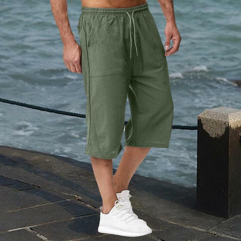Men Cropped Pants Men's Mid-rise Wide Leg Drawstring Pants with Pockets for Summer Streetwear Cropped Trousers Casual Trousers