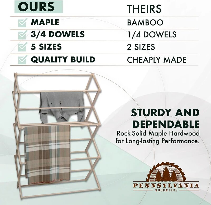 Pennsylvania Woodworks Clothes Drying Rack: Solid Maple Hard Wood Laundry Rack for Sweaters, Blouses Lingerie Clothes Organizer