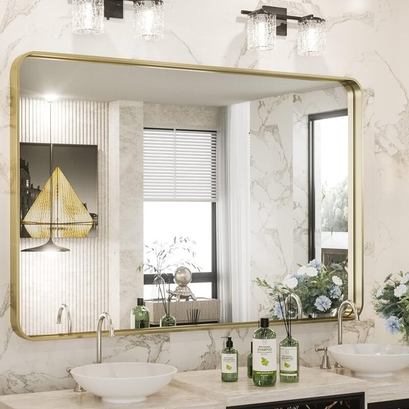 벽용 골드 욕실 거울, 알루미늄 합금 금속 프레임, 둥근 모서리 직사각형, 딥 세트, 화물 무료 거울, 40x30 인치