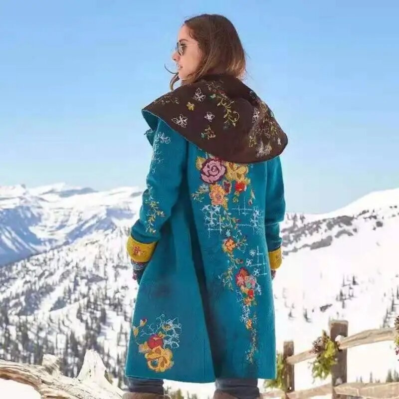 2023 Autumn/Winter New Women's Mid length Printed Top Long Sleeve Woolen Coat