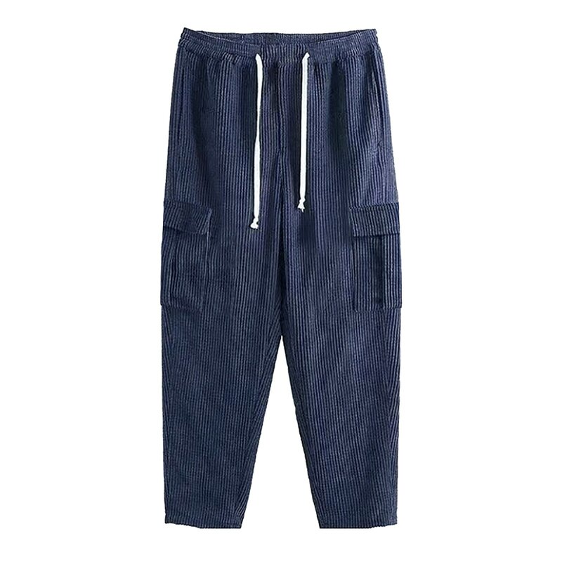 Mens Autumn And Winter Solid Color Corduroy Multi Pocket Straight Pants High Street Pants Casual Loose Overalls Trousers