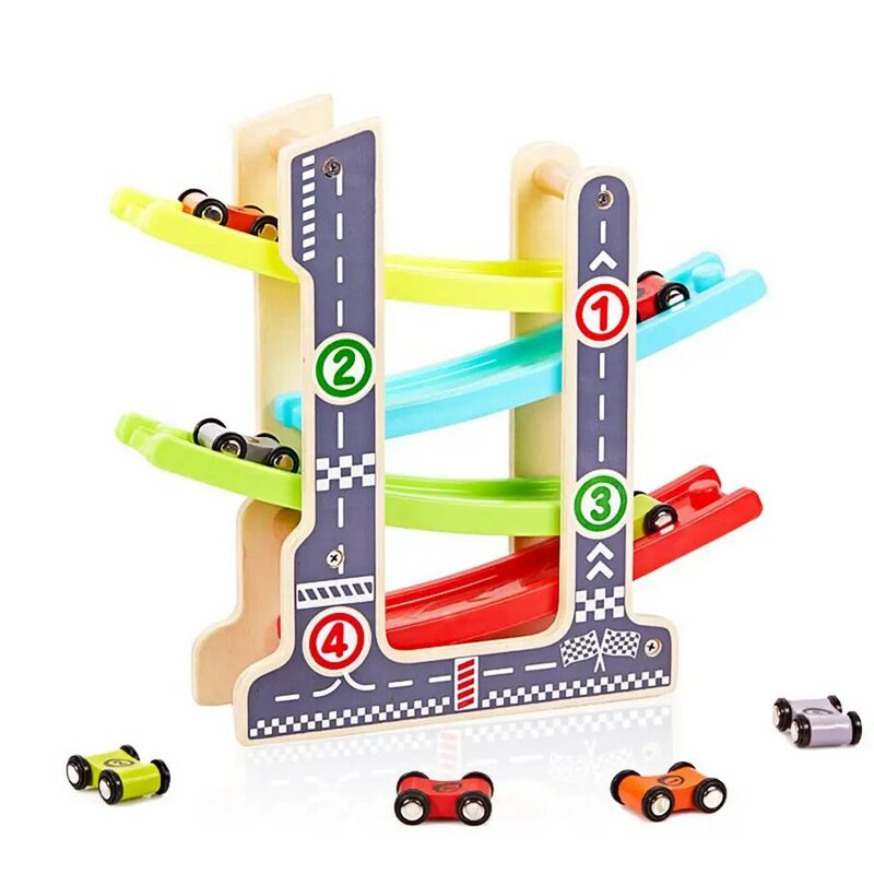 Rampe de voiture en bois à 4 niveaux avec 4 véhicules de jeu, jouet de poussée