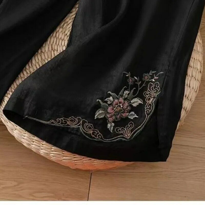 Wysokiej klasy chiński styl retro haft bawełniana pościel szeroka damska 2024 letnia patchworkowa kieszeń z wysokim stanem wyszczuplające spodnie na co dzień