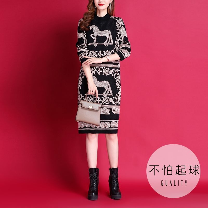 Осень-зима 2023, новое шерстяное вязаное жаккардовое платье-свитер с круглым вырезом, женское свободное шерстяное платье до колен