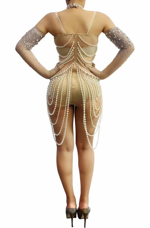 Vestido ajustado de encaje de malla con borlas personalizadas, traje Sexy de manga larga con perlas de alta elasticidad, para fiesta y actuación en escenario, 2023