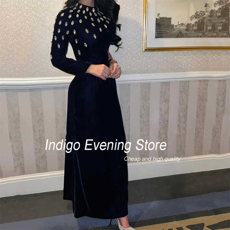 Платье для выпускного вечера цвета индиго 2024, Элегантное Атласное Вечернее платье с длинным рукавом, высоким воротником и бусинами по щиколотку для женщин