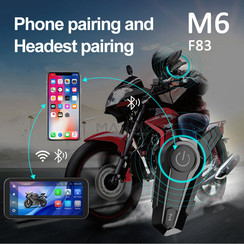 Maxca-M6 Motocicleta CarPlay sem fio, Android Auto Navigator, DVR, câmera dupla 1080P HD, opcional