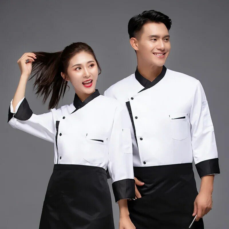 Jaket koki wanita, restoran Top Cook lengan cetak Logo pria pakaian koki wanita jaket bekerja untuk baju pribadi, pola desain seragam dengan