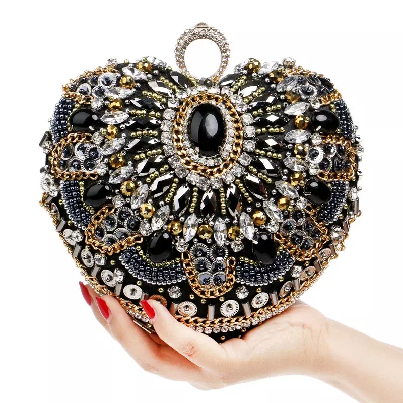 女性のための豪華な刺繍されたハンドバッグ,ミニイブニングバッグ,ディナー,心の形をした非対称,黒いハンドバッグ