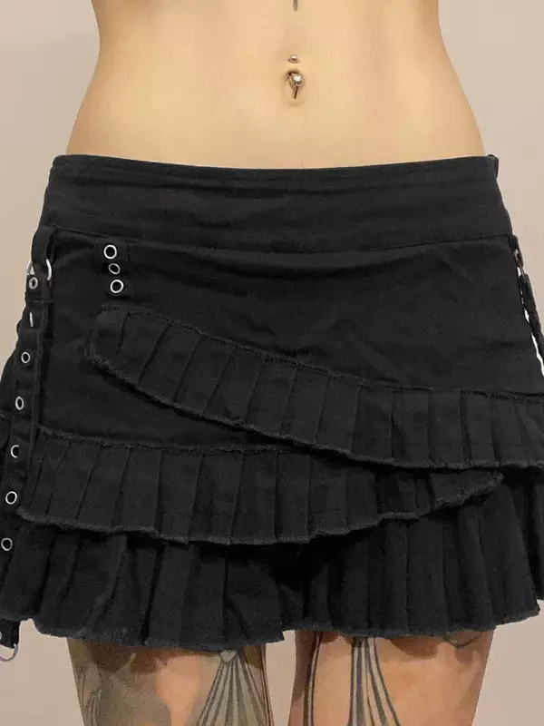 Pleasted Patchwork Gothic Mini Denim Skirts Y2K Sexy Aesthetic 2000s A-line Women Bottoms Fashion Grunge Clothes