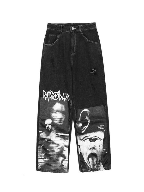 Jeans Longgar Gotik HOUZHOU Wanita Punk Hippie Pakaian Jalanan Cetakan Y2K Celana Panjang Kaki Lebar Harajuku Grunge Celana Denim Antik 90S