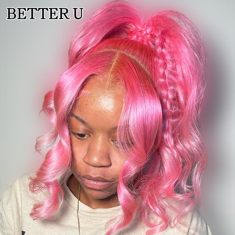 Peluca de cabello humano rosa brillante, pelo preestirado con malla frontal, transparente, 13x4, alto brillo, 250 de densidad