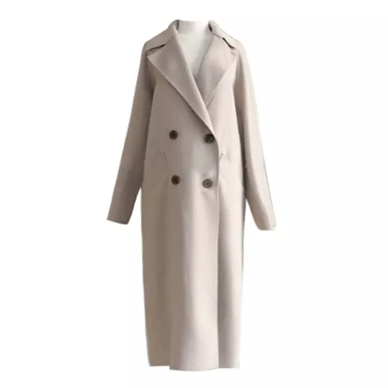 Jaket wol krem kasual wanita, mantel panjang berkerah musim gugur musim dingin elegan Vintage Korea longgar ukuran besar
