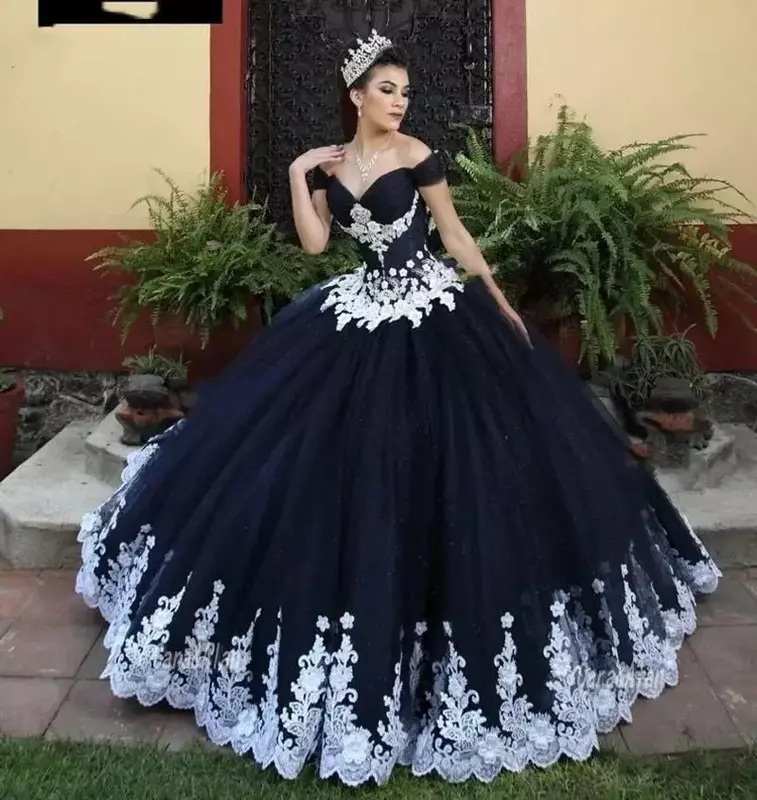 Черное бальное платье ANGELBRIDEP, платья для Quinceanera 2023, платья 15 лет с открытыми плечами, кружевные блестящие тюлевые платья принцессы на день рождения